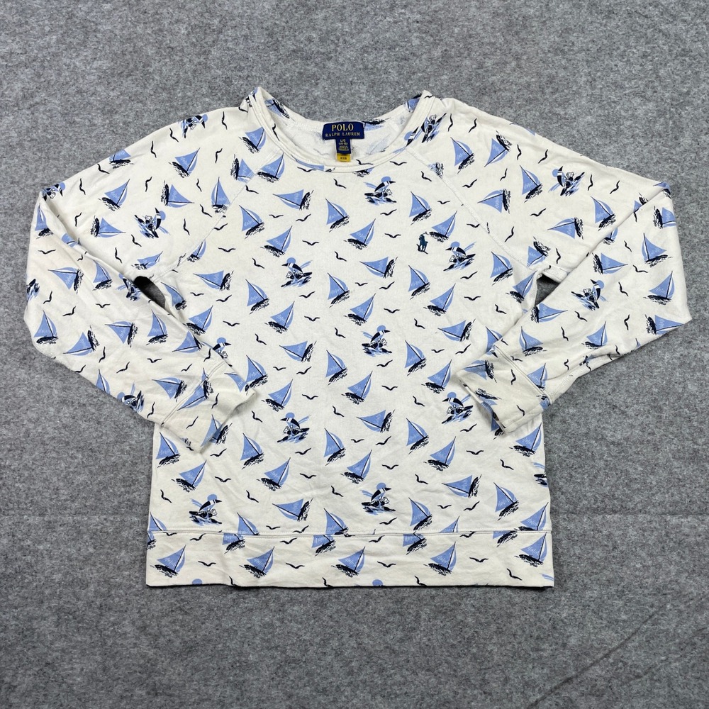 Polo Ralph Lauren Sweatshirt Boys L 14-16 Cream Sailboat Print Raglan Pullover